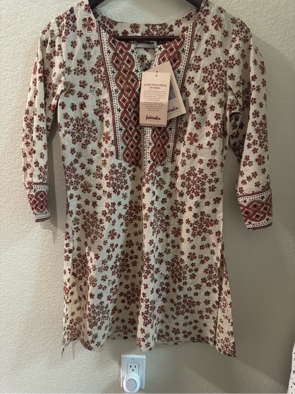 fabindia Cream and Rust Floral Cotton Kurta Dress for Girls - Handblock Print